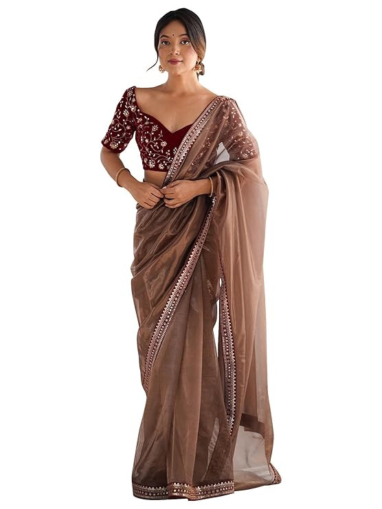 AKHILAM Women's Bronze Net Solid Saree With Unstitched Blouse Piece
