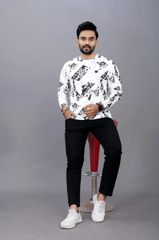 Polyester Regular Fit Printed Full Sleeves Men's Round T-Shirt - White