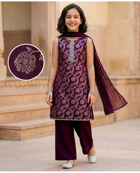 Pine Kids Woven Sleeveless Kurti Salwar Set With Foil Print & Dupatta - Wine