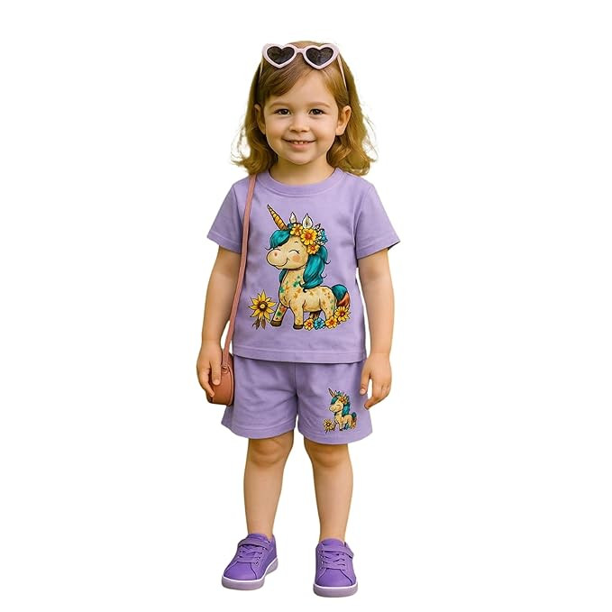 Fommy Pure Cotton T-Shirt Shorts Set for Baby Girl & Toddlers | Adorable Cartoon Unicorn Print Summer Casual Outfit for Girls | Ultra-Soft Half Sleeve Top & Shorts Cord Set for Home, Play & Outing