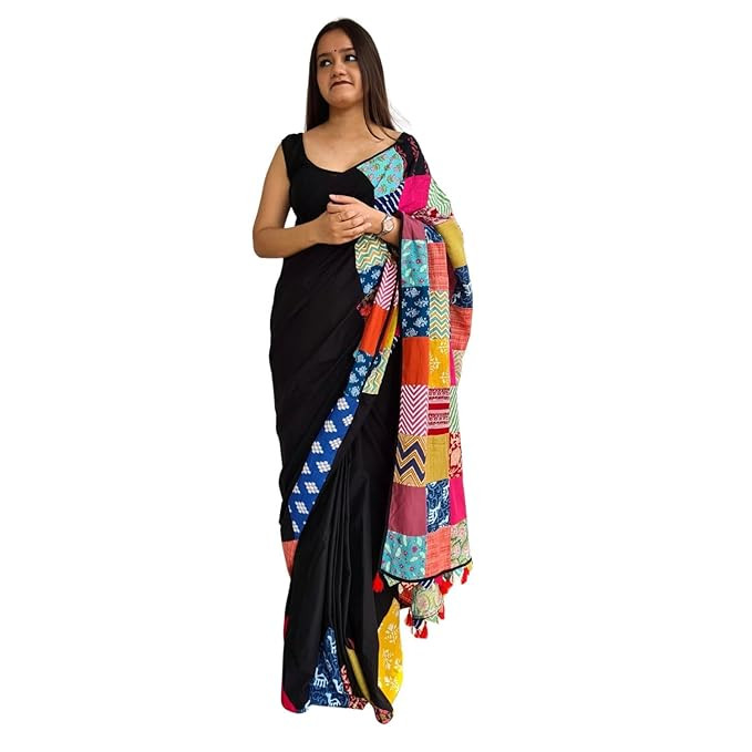 Womens Saree Black - Unique 100% Cotton Reclaimed Fabric Saree Without Blouse