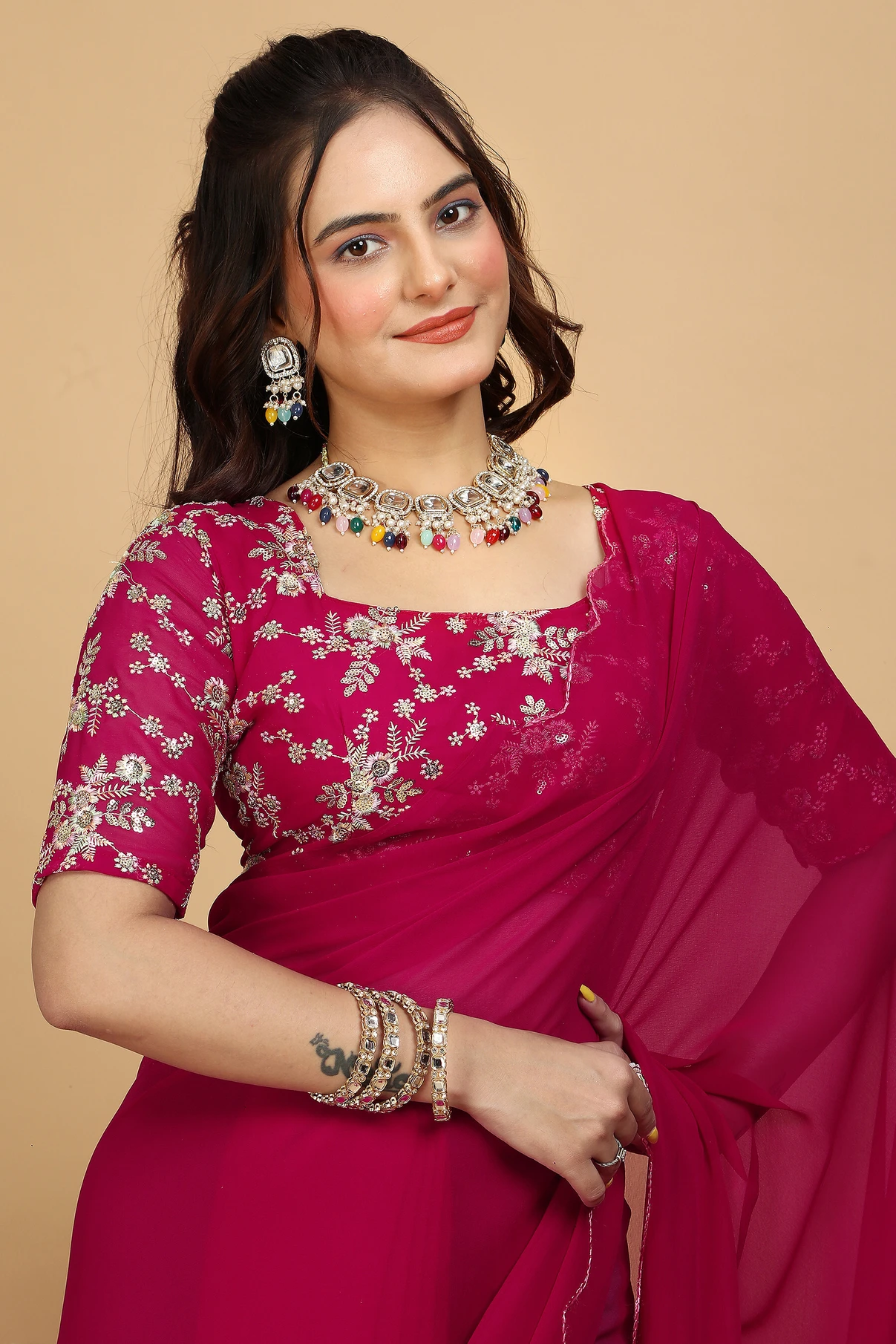 KONICA FAB Embroidered Bollywood Georgette Saree (Pink)