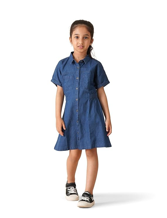 Amazon Brand - Symbol Girl's Cotton Denim Shirt Knee-Length Casual Dress