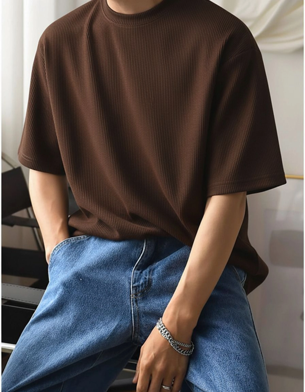 Men Striped Round Neck Polyester Brown T-Shirt