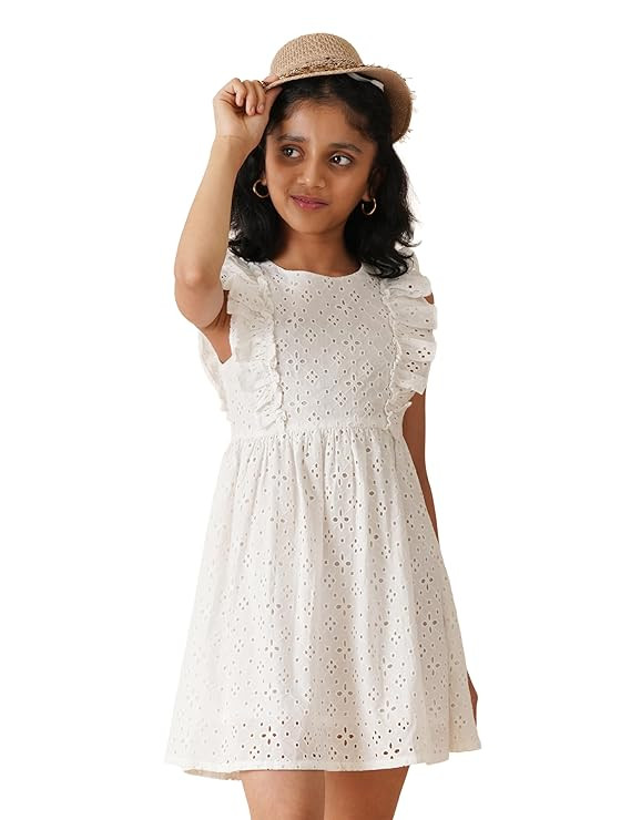 Amazon Brand - Symbol Kids Knee Length Schiffle Fit and Flare Lined Dress