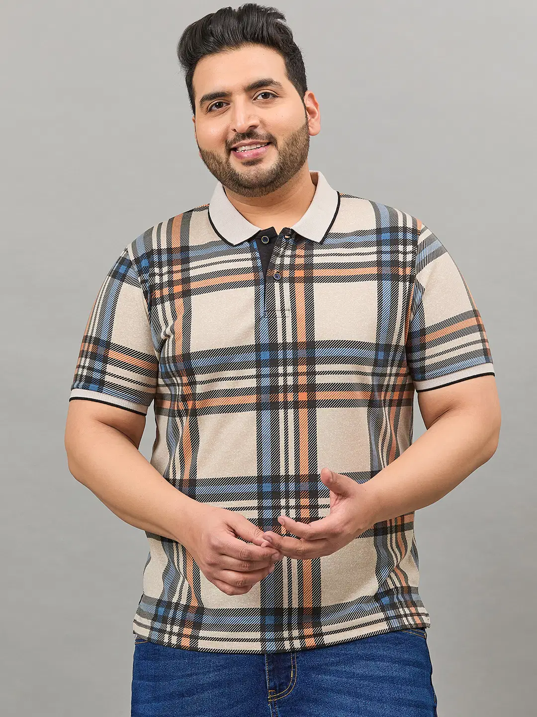 Cotton Blend Regular Fit Checks Half Sleeves Men's Polo T Shirt