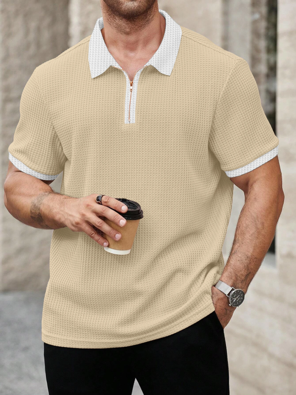 KAJARU Men Self Design Polo Neck Polyester Beige T-Shirt