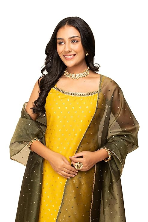 FIORRA Women's Yellow Silk Blend Straight Kurta with Palazzo and Dupatta