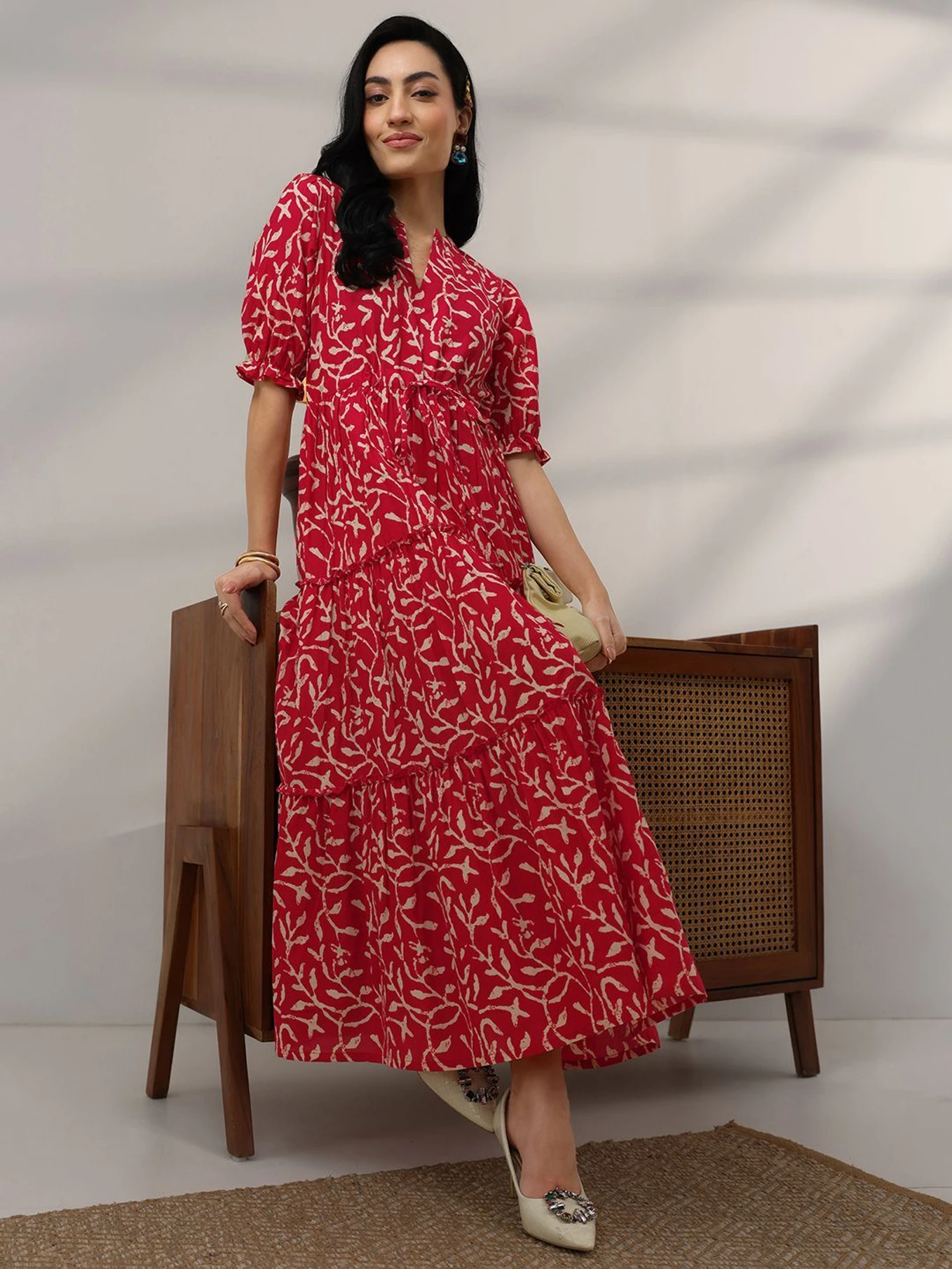 Women Printed Cotton Blend Flared Kurta (Red)