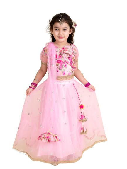 Pspeaches Girls Pink Orange Embellished Ready To Wear Lehenga Blouse With Dupatta (Pink)