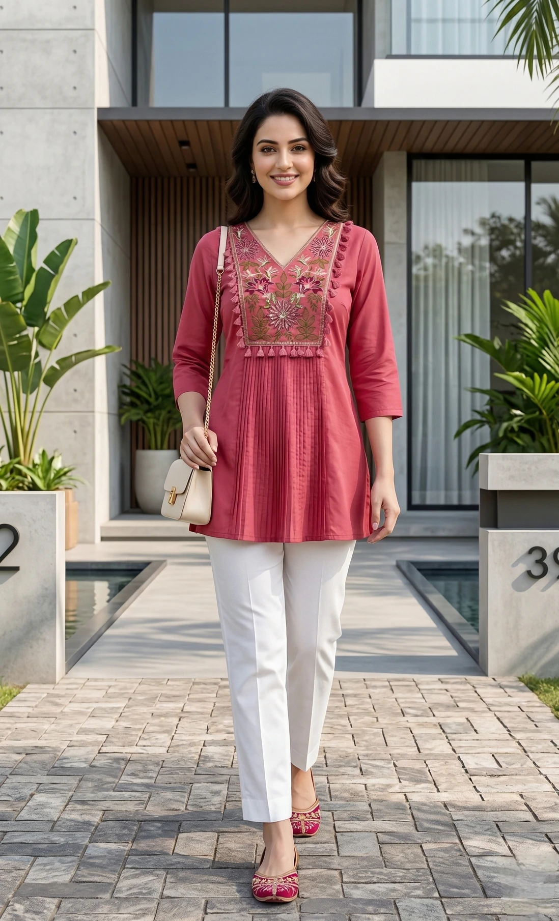 DSK STUDIO Women Embroidered, Printed Viscose Rayon Flared Kurta (Pink)
