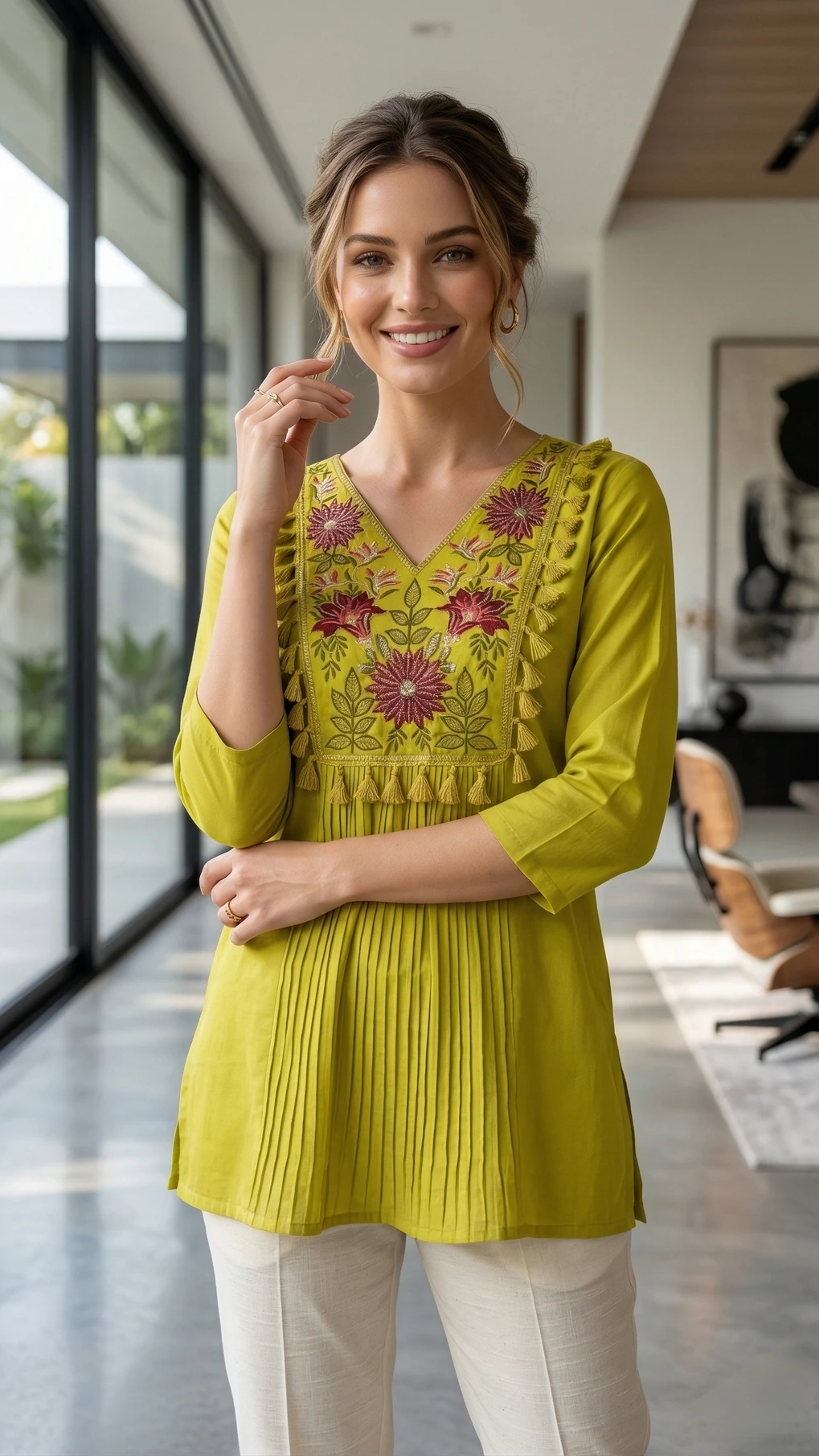 Embroidered, Printed Viscose Rayon Flared Kurta (Green)