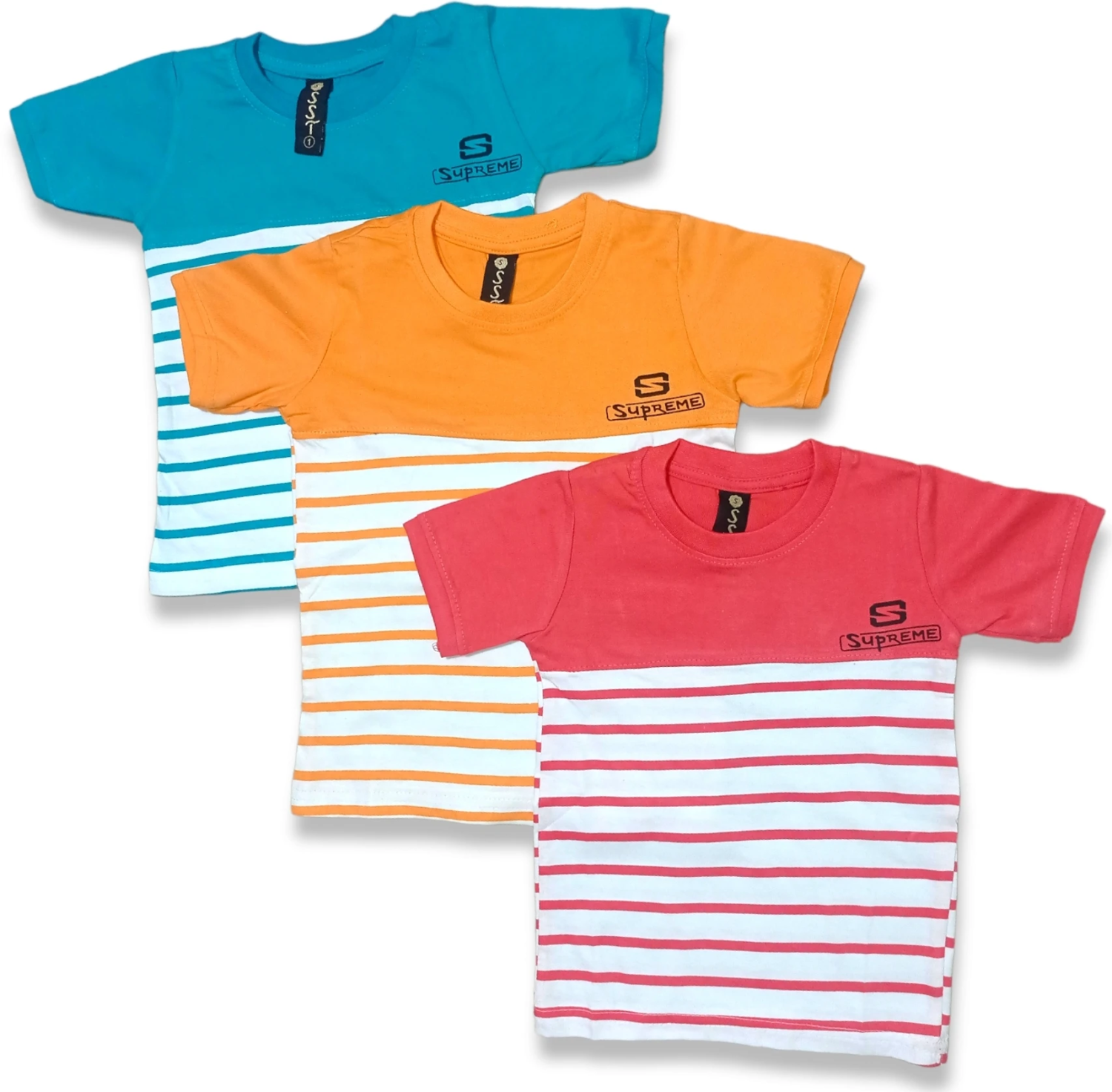 Boys Striped Polycotton Regular T Shirt (Multicolor, Pack of 3)