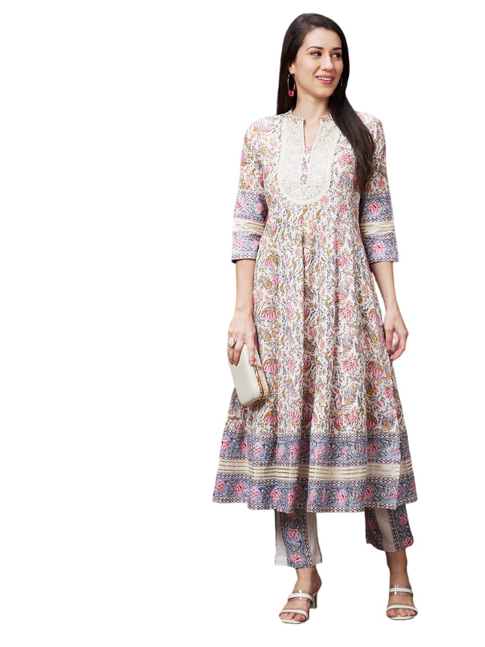 Women Off White Cotton Casual Floral Printed Anarkali Kurta Set with Printed Trouser