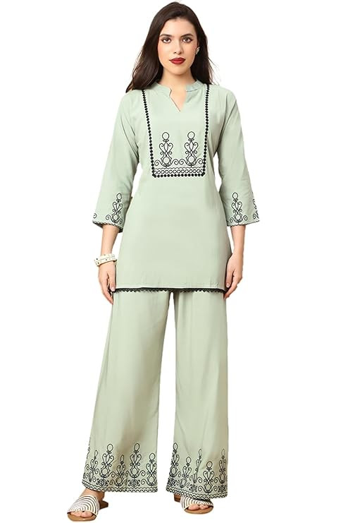 Women’s Embroidered Rayon Co-Ord Set | Ethnic Kurta & Palazzo Pant Set | 3/4 Sleeve Mandarin Collar Kurti Set | Daily Casual, Festive & Office Wear | Comfortable Breathable Fabric with Pocket