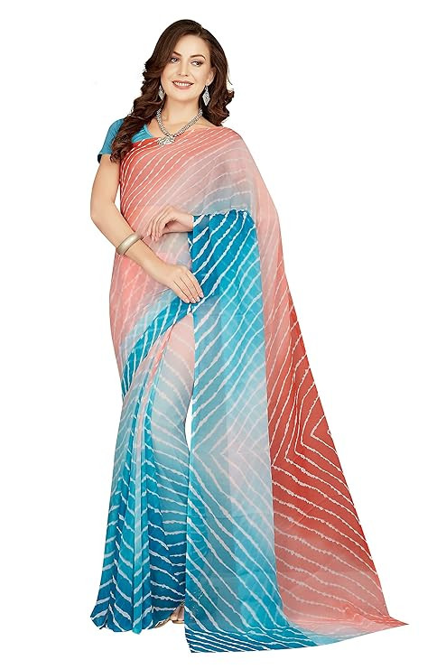 RANI SAAHIBA Women's Chiffon Lehriya Printed Saree Without Blouse