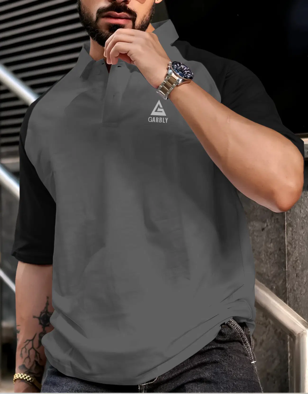Men Cotton Blend Regular Fit Colorblock Polo T Shirt ( Grey )