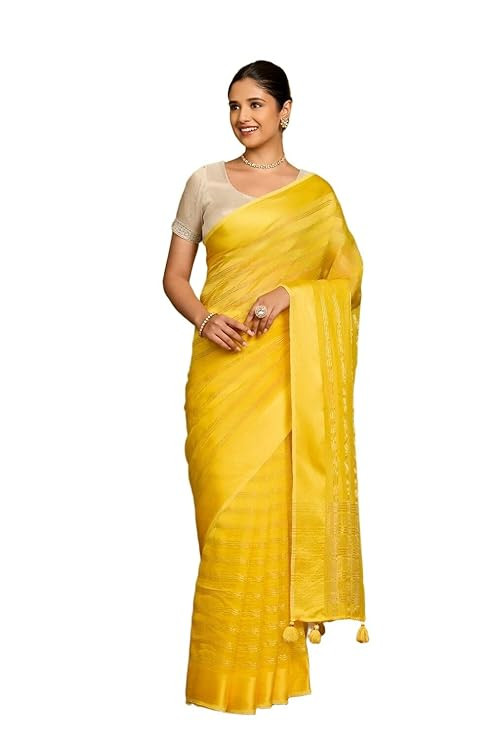 Taneira Women Yellow Viscose Organza Woven Saree with Unstiched Blouse Piece
