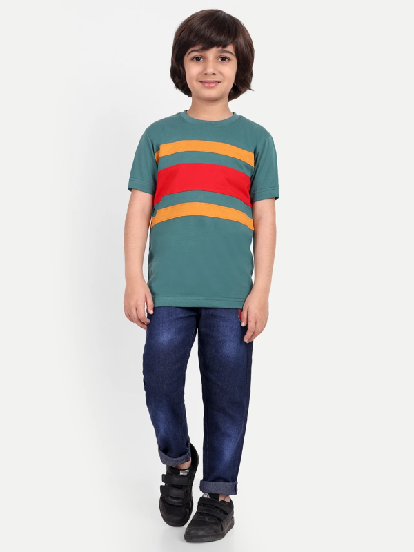 Boys Striped Pure Cotton Regular T Shirt (Green, Pack of 1)