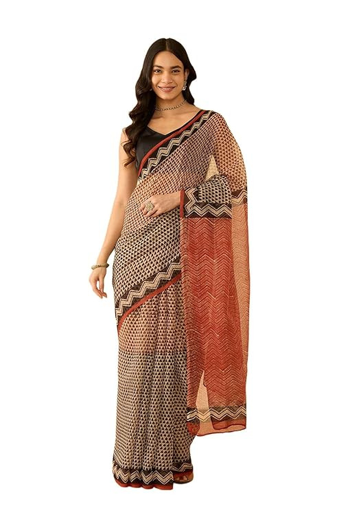 Taneira Women Brown Block Print Bagru Pure Cotton Kota Saree with Unstitched Blouse Piece