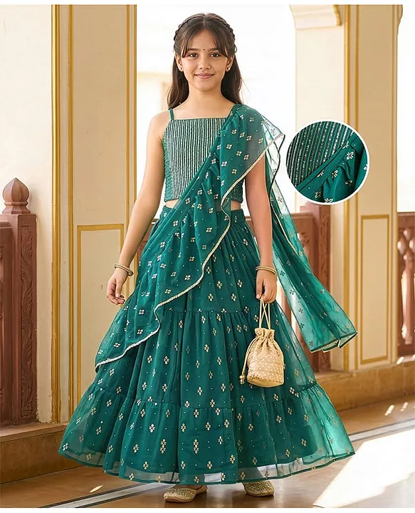 Woven Sleeveless Choli Lehenga Set with Dupatta Embroidery & Sequin Detailing - Teal Blue