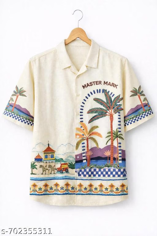 Cotton Blend Regular Fit Printed Half Sleeves Men's Casual Shirt - Cream