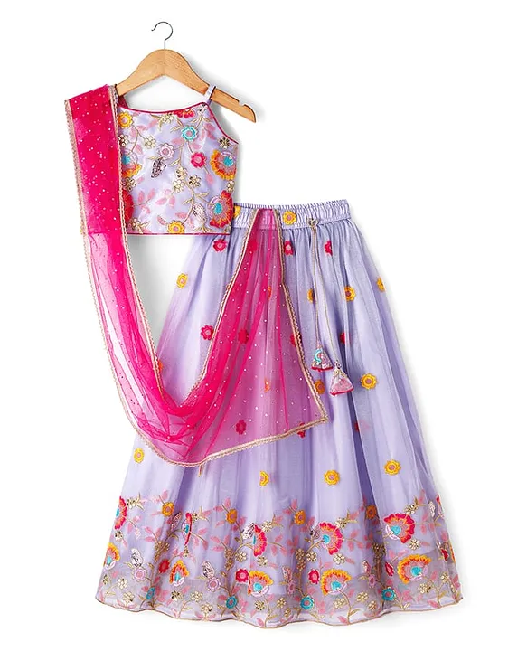 Woven Sleeveless Choli Lehenga Set with Dupatta Embroidery & Sequin Detailing - Lilac