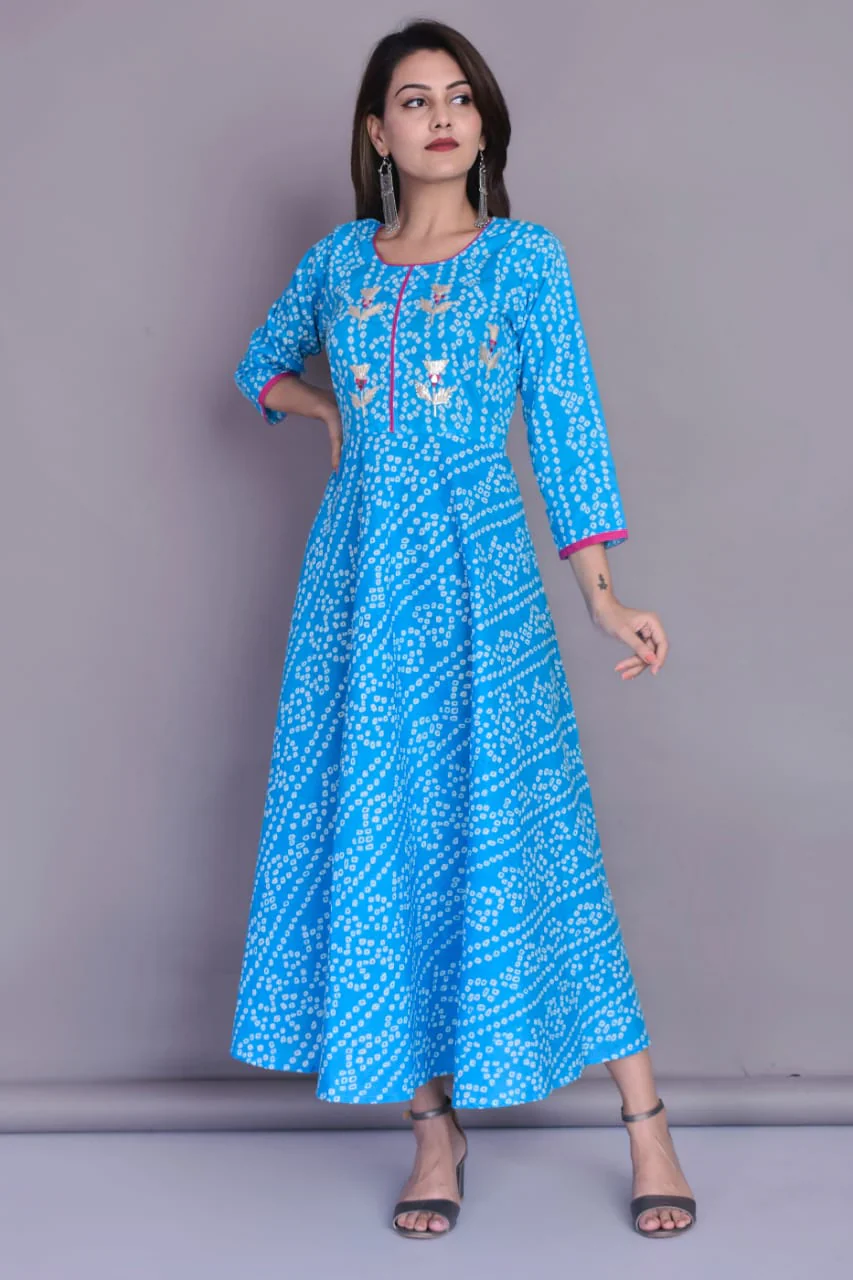 Cotton Bandhej print flared hem kurti in blue in log gown