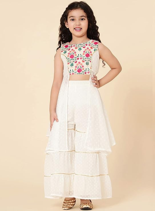 A.T.U.N. (ALL THINGS UBER NICE) Girl's Polyester Embroiderey Sleeveless Kurta and Sharara Set | Traditional Ethnic Wear Clothing Set for Festival and Special Occasions
