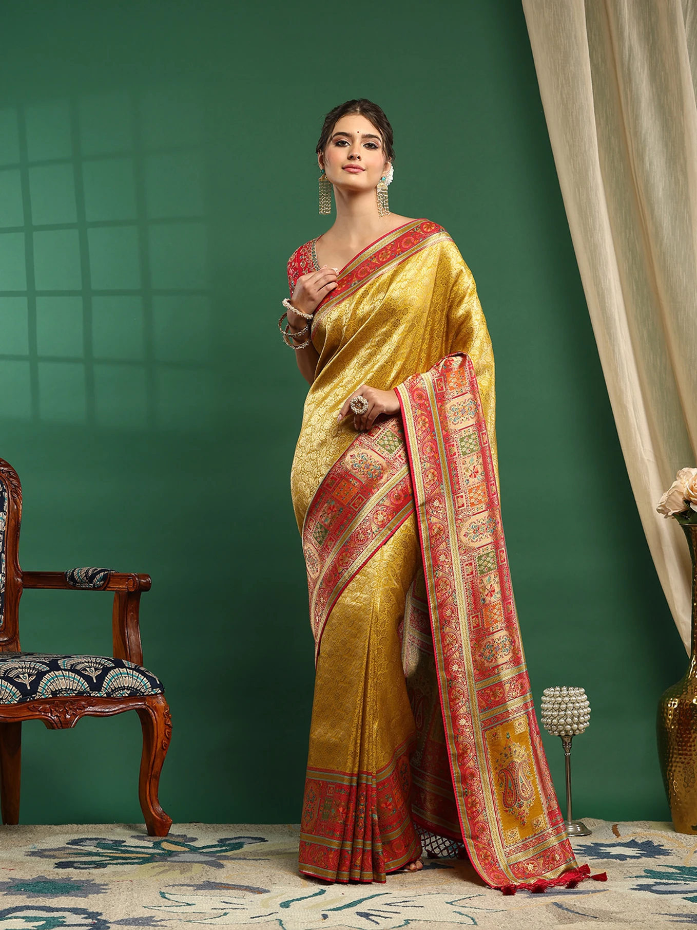 Meena Bazaar Embroidered Bollywood Art Silk Saree (Mustard)