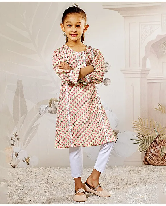 Vastramay Cotton Woven Three Fourth Sleeves Floral Printed Lace Embellished Kurta With Leggings - Mint Green