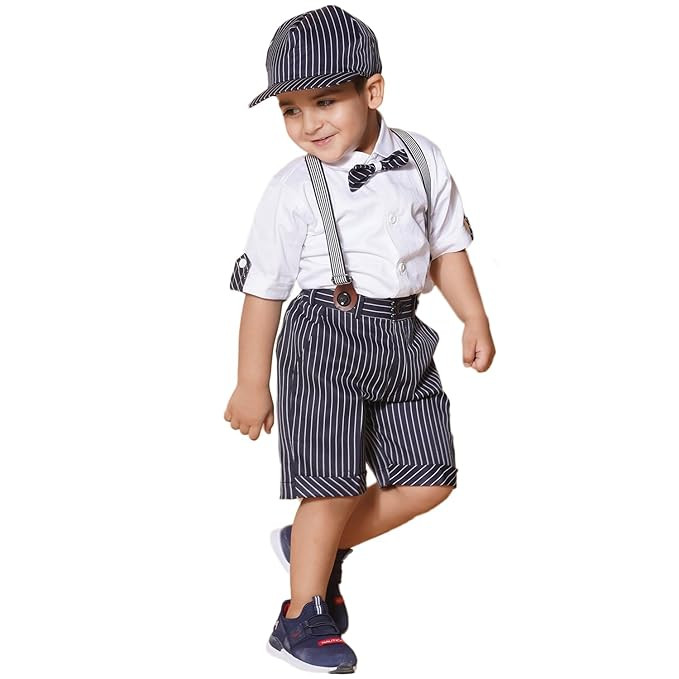 AJ DEZINES Kids Cotton Printed Shirt Shorts Set For Boys With Cap and Suspender