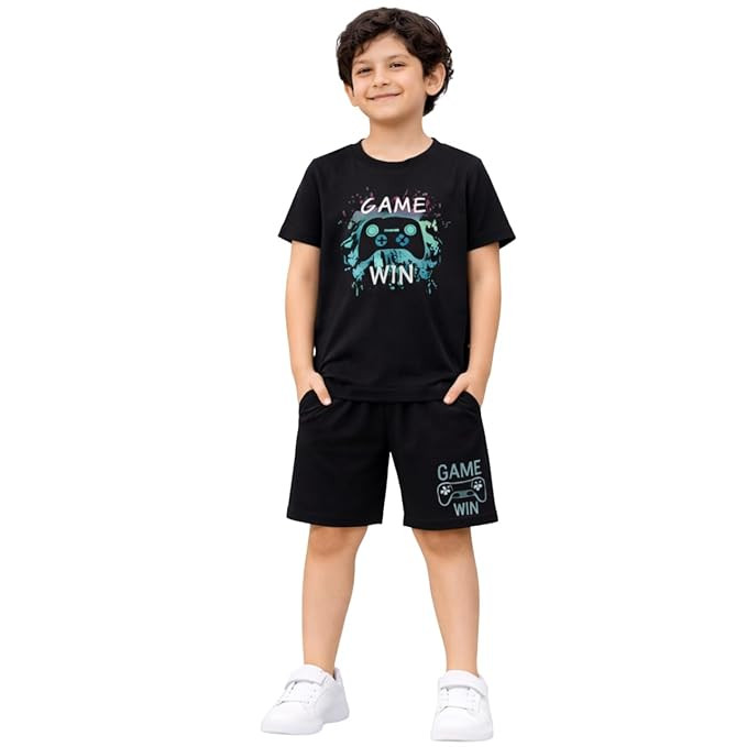 Boys Game Win Graphic T-Shirt and Shorts Set, Black, Gaming Controller Theme