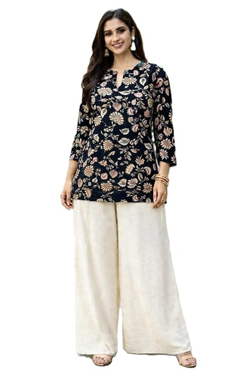 JSRK Women Rayon Printed Short Kurti with Palazzo Set | Stylish Co-Ord Ethnic Kurta Pant Set for Women | Casual, Office & Festival | Comfortable Outfit