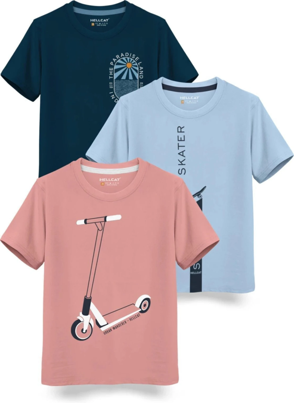 Boys Printed Cotton Blend Regular T Shirt (Blue, Pack of 3)