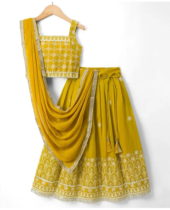 Woven Sleeveless Lehenga Choli Set With Floral Print & Dupatta - Mustard