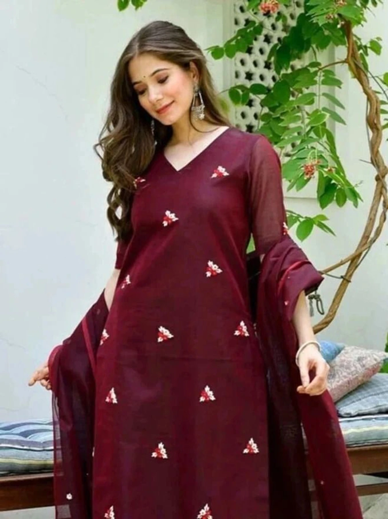 DD's creation Women Cotton Blend Ethnic Top Pant Attached Dupatta Set