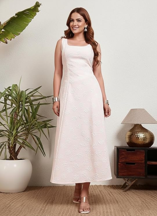 Leriya Fashion Women’s Jacquard Sleeveless Maxi Dress | Round Neck A-Line Long Dress for Party, Brunch & Casual Wear