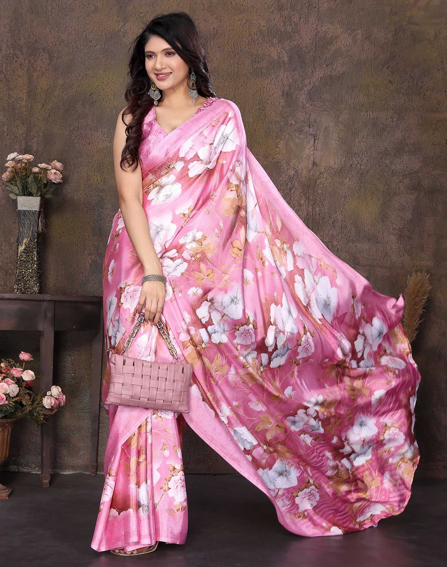 YASHIKA Printed Daily Wear Tussar Silk Saree (Pink)