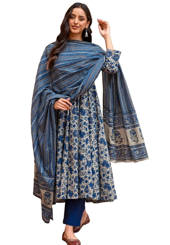 Alvami Women Printed Anarkali Kurta and Pant Set with Dupatta IN BLUE