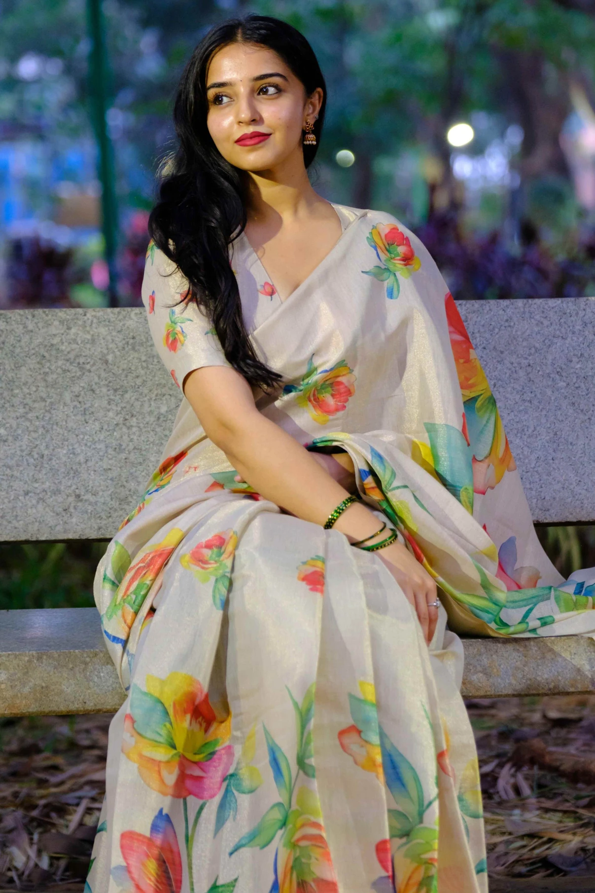 YASHIKA Digital Print Bollywood Chanderi Saree (Cream)
