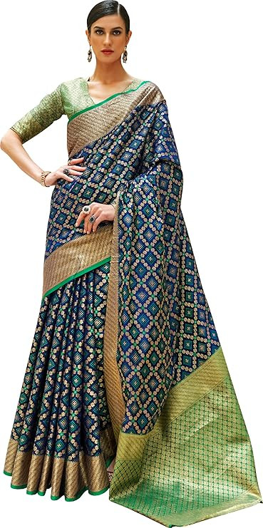 SWORNOF Women's Patola Silk Saree With Unstitched Boluse Piece (BLUE)