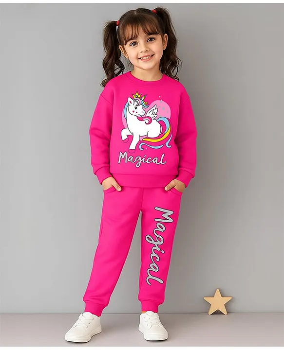 Fleece Knit Full Sleeves Magical Text & Unicorn Printed Winter Sweatshirt & Joggers Set - Pink