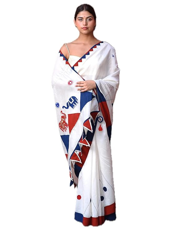 Apsara Chanderi Silk Saree, White with Red & Blue Accents, Embroidered, Appliqué Elephants