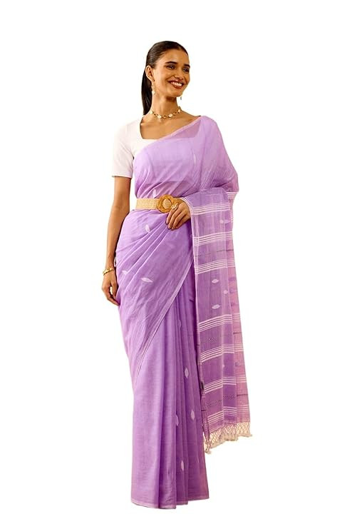 Taneira Women Light Violet Bengal Pure Cotton Jamdani Saree with Unstitched Blouse Piece