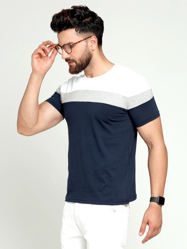 Men Colorblock Round Neck Cotton Blend White, Blue, Grey T-Shirt