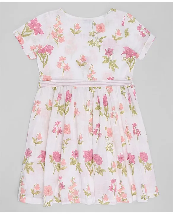Cotton Flax Woven Half Sleeves Floral Printed Dress - White