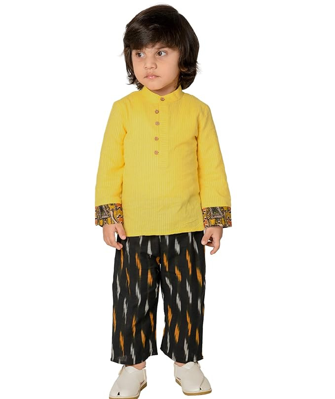 Baby Boys Dress Cotton Clothes Shirt Pant Set 1 To 4 Years Yellow Black Full Sleeve Festival Ethnic Wear Kids Stripe Birthday Party Outfit