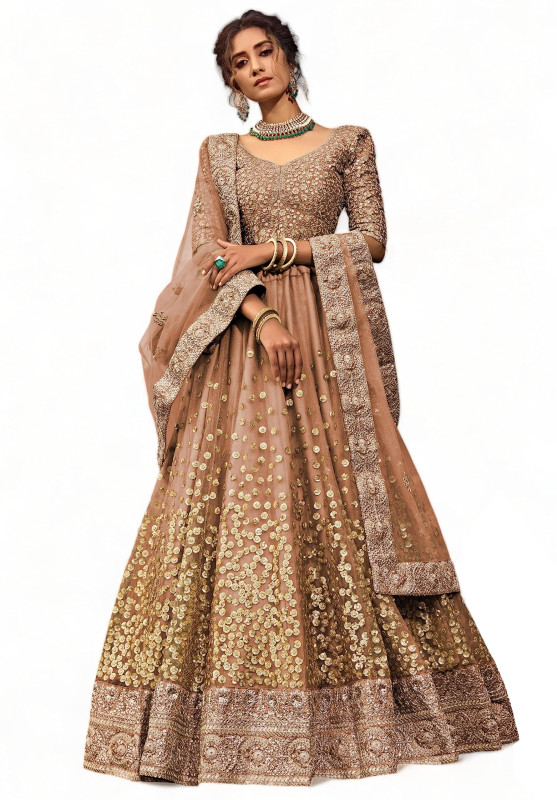 Women's Net Semi-Stitched Lehenga Choli Brown Wedding Bridal Latest New Free Size