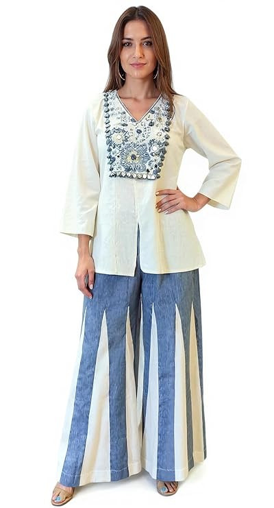 Eshmyra Women's Embroidered Cotton Co-ord Set, Blue and White, Traditional Ethnic Wear with Flared Pants, V-Neck Tunic Top with Bell Sleeves